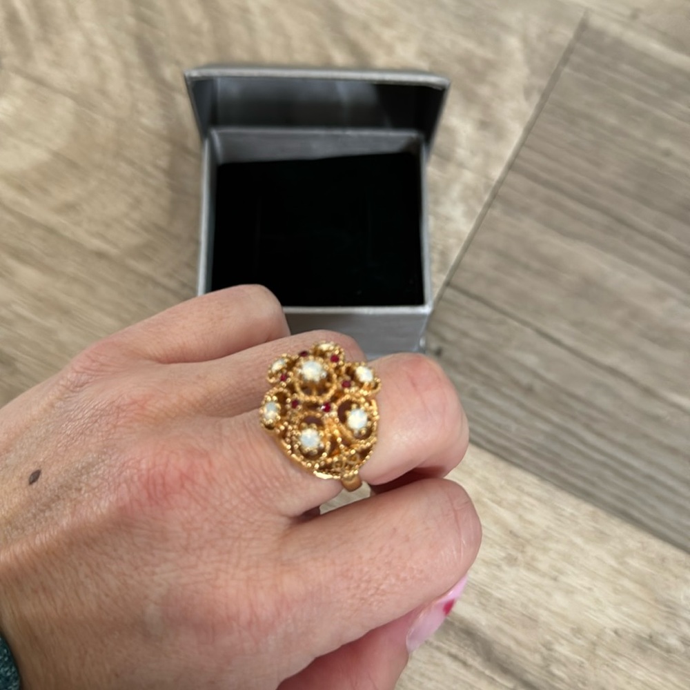 14k plated dome ring with rubies and opals